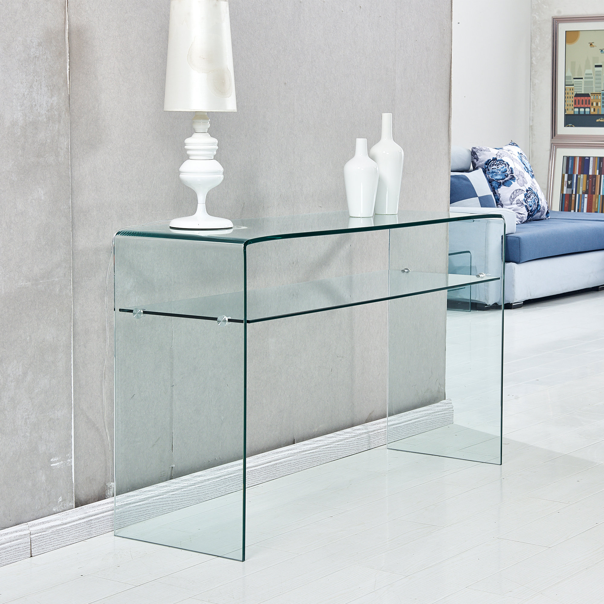 Ivy Bronx Glass Entryway Console Table With Storage Shelves, 43.3"L X ...